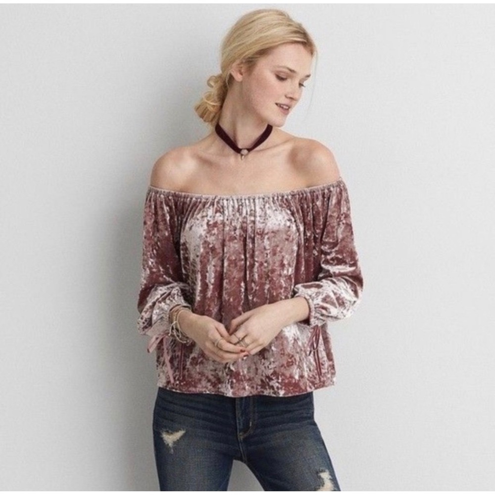 American Eagle Pink Crushed Velvet Off The Shoulder Top Boho Festival Medium